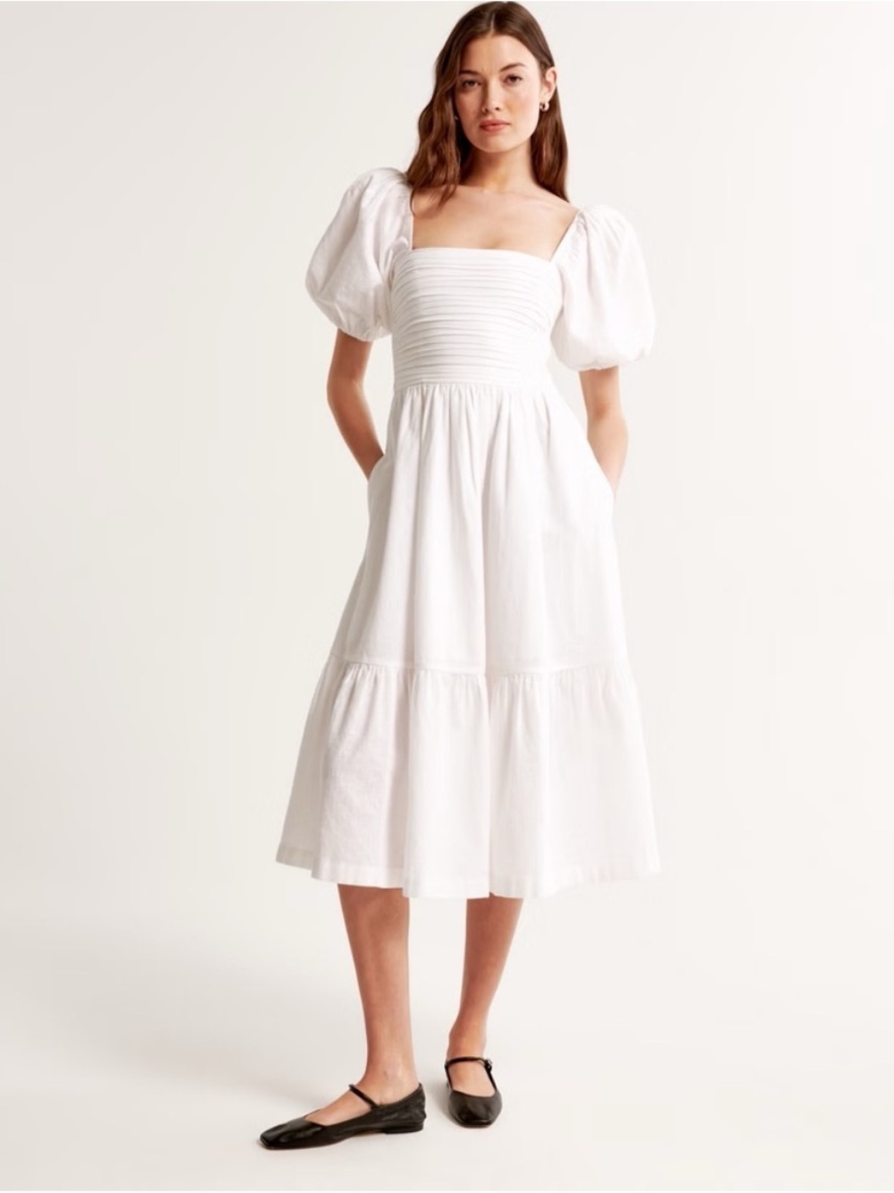 Abercrombie Emerson Linen-Blend Puff Sleeve Midi Dress M white